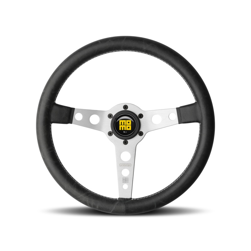 Momo Prototipo Steering Wheel 350 mm - Black Leather/White Stitch/Brshd Spokes