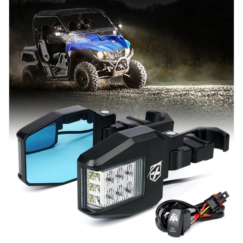 UTV Side View Mirror with LED Spotlight & C-Clamp Brackets
