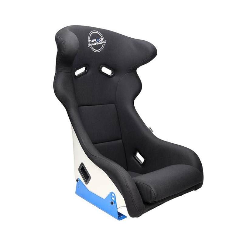 NRG FRP Bucket Seat - White Finish with Arrow Embroidery And Blue Side Mount Bracket