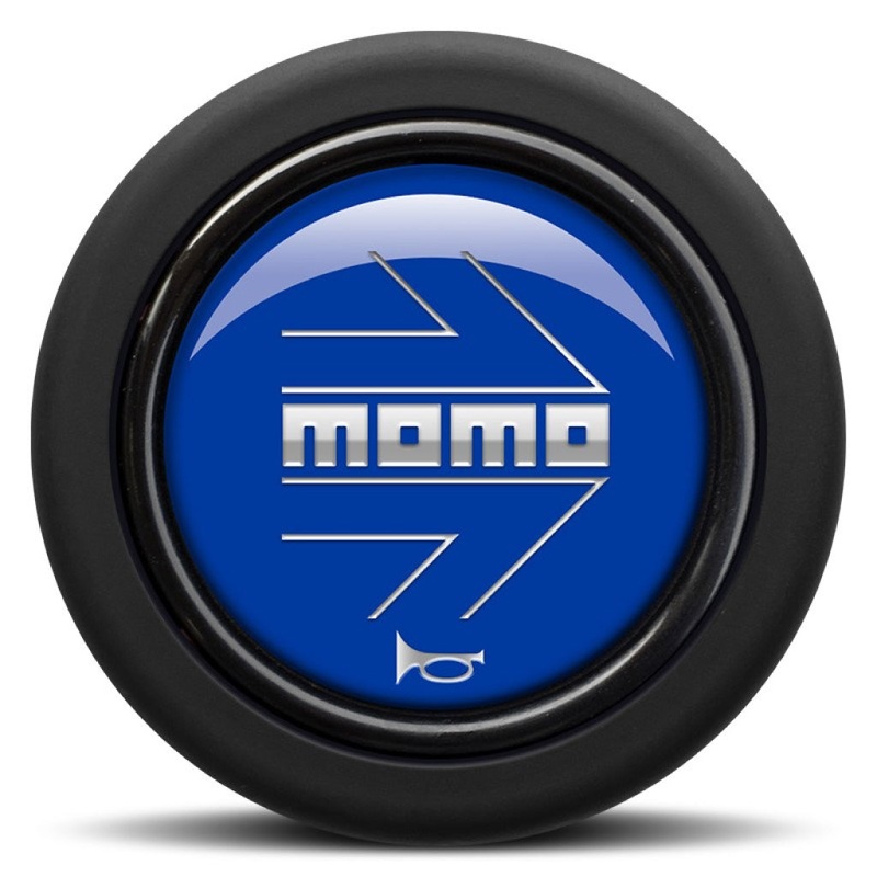 MOMO Horn Button - Glossy Blue Chromed Logo - Round Lip