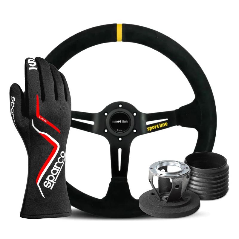 BMW Drifting Pack: Sparco Land FIA Gloves & Sport Line Racing 3 Deep Dish Drifting Suede Steering Wheel & Hub Adapter Boss Kit For BMW E36 With Airbag
