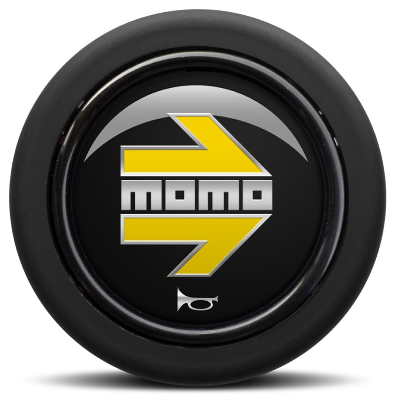 MOMO Horn Button - Glossy Black Yellow and Chromed Logo - Round Lip