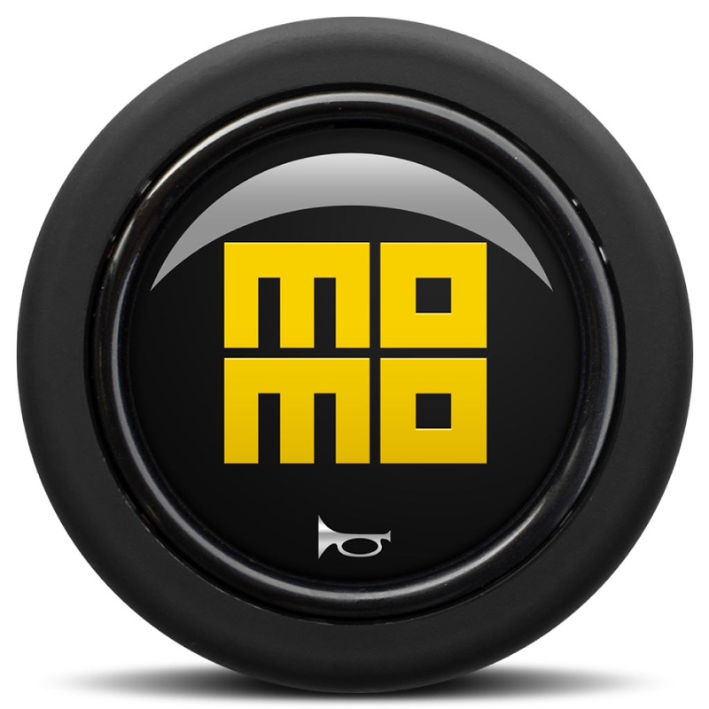 MOMO Horn Button - Glossy Black Yellow Heritage Logo - Round Lip