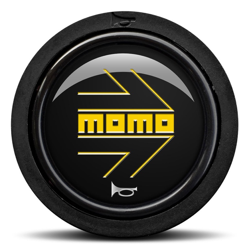 MOMO Horn Button - Glossy Black Yellow Logo - Flat Lip - Flush Mount