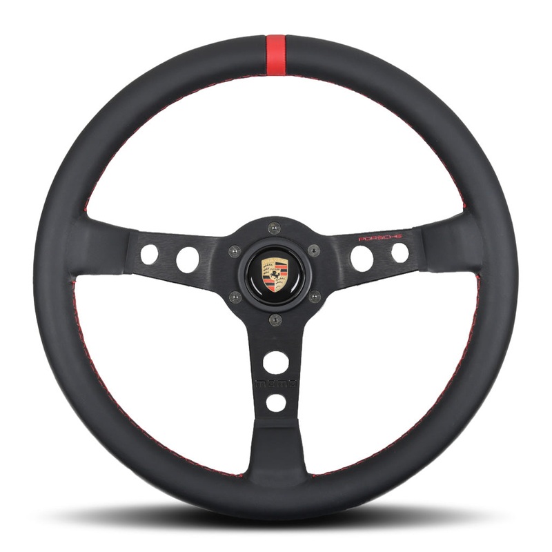 MOMO Porsche Classic Performance Steering Wheel - Black Leather Red Stitching Black Spokes 350mm - PCG34708420