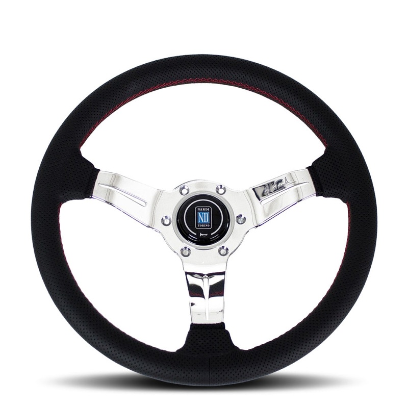 Nardi Deep Corn Steering Wheel - Black Airleather Red Stitching Polished Spokes 330mm