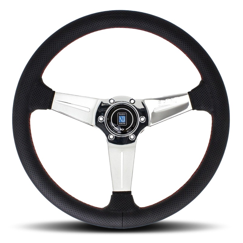 Nardi Deep Corn Steering Wheel - Black Airleather Red Stitching Polished Spokes 350mm