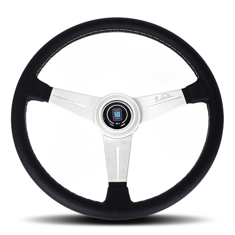 Nardi ND Classic Steering Wheel - Black Leather Grey Stitching Satin Spokes 390mm