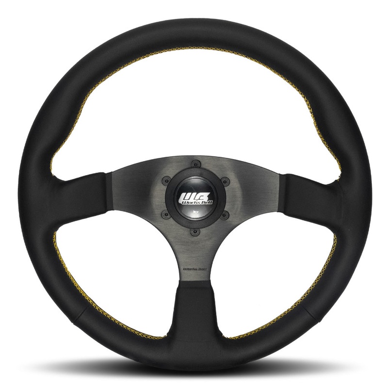 Works Bell Type 3 III Steering Wheel - Black Leather Yellow Stitching Black Spokes 350mm