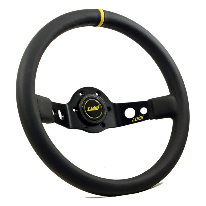 Luisi Jet Sport Two Spoke Steering Wheel - Black Leather Yellow Stripe Black Spokes 350mm