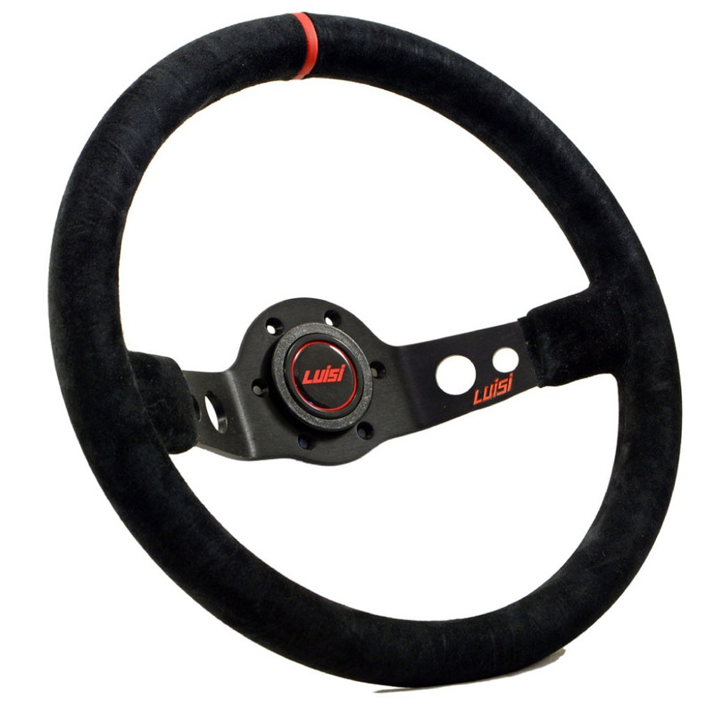 Luisi Jet Sport Two Spoke Steering Wheel - Black Shammy Leather Red Stripe Black Spokes 350mm