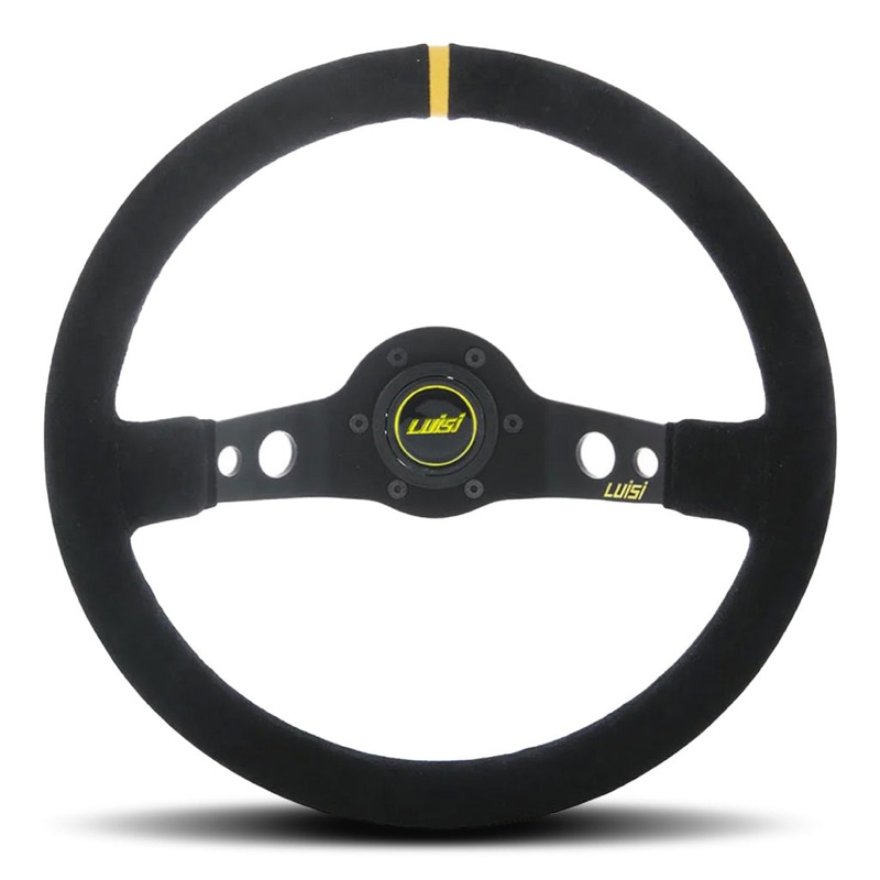 Luisi Jet Sport Two Spoke Steering Wheel - Black Shammy Leather Yellow Stripe Black Spokes 350mm