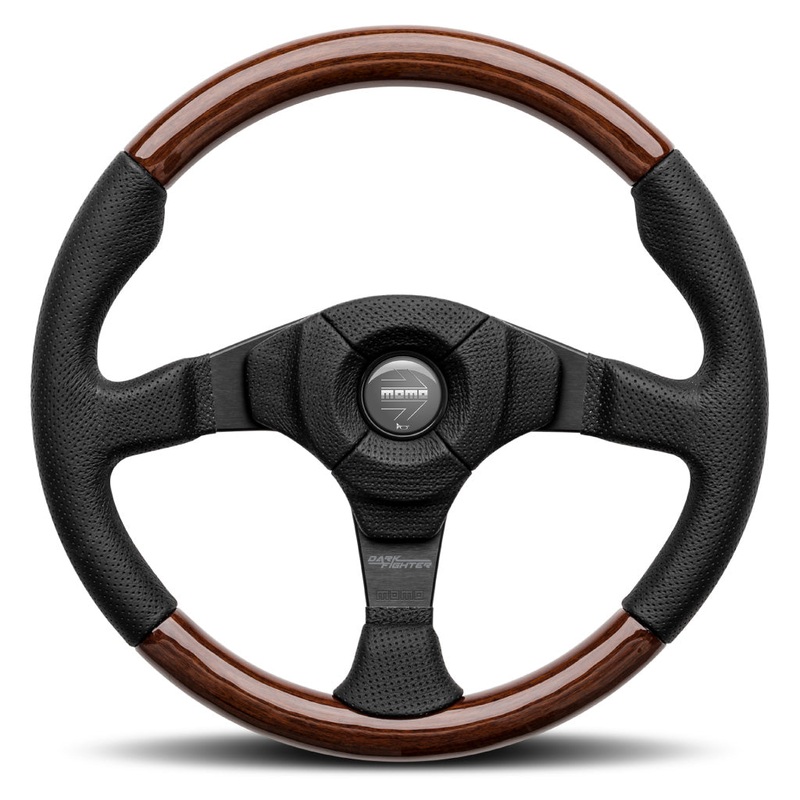 MOMO Dark Fighter Wood Steering Wheel - Black Leather Black Spokes 350mm