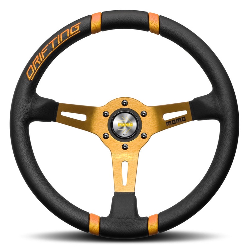 MOMO Drifting Steering Wheel - Black Leather Orange Spokes 350mm