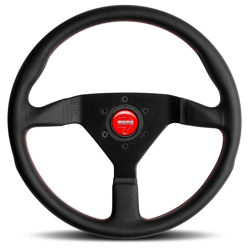 MOMO Montecarlo Steering Wheel - Black Leather Red Stitching Black Spokes 350mm