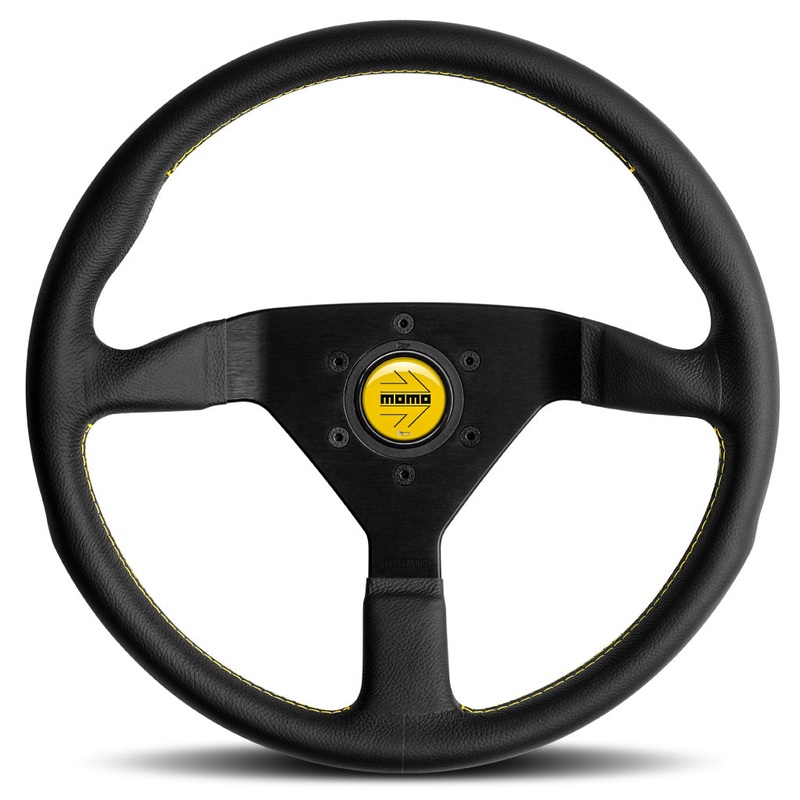 MOMO Montecarlo Steering Wheel - Black Leather Yellow Stitching Black Spokes 350mm