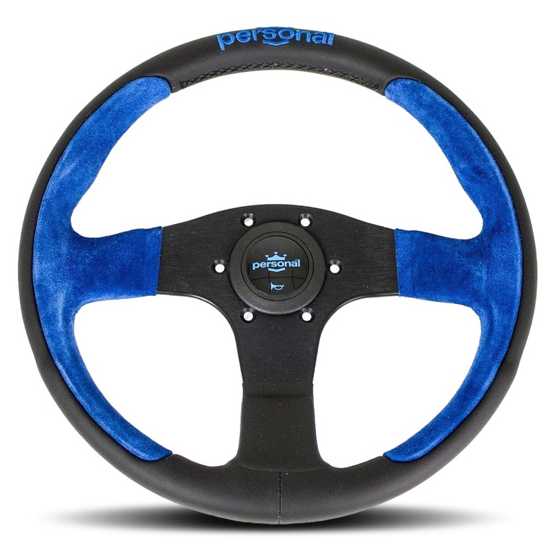 Personal Pole Position Steering Wheel - Black Leather/Blue Suede Black Spokes 330mm